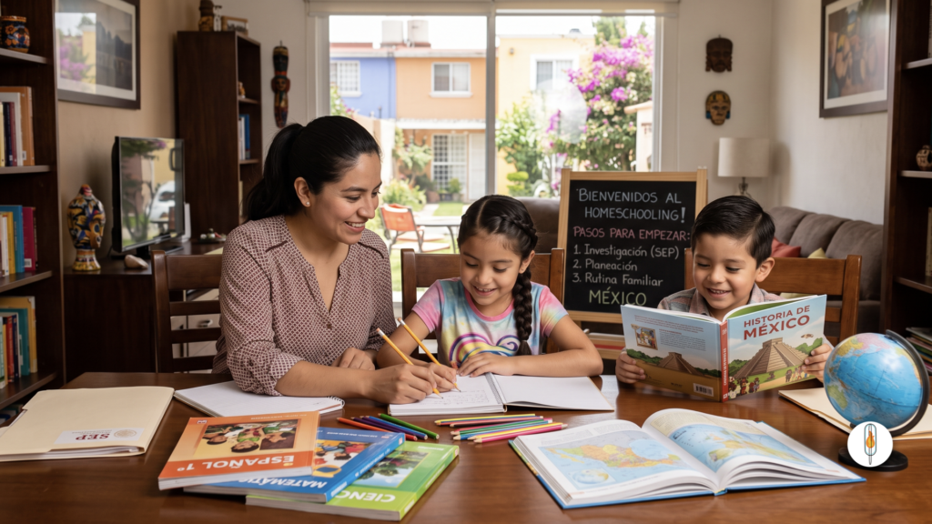 Mamá acompañando a sus dos hijos en una sesión de homeschooling en casa, con libros y materiales escolares sobre la mesa